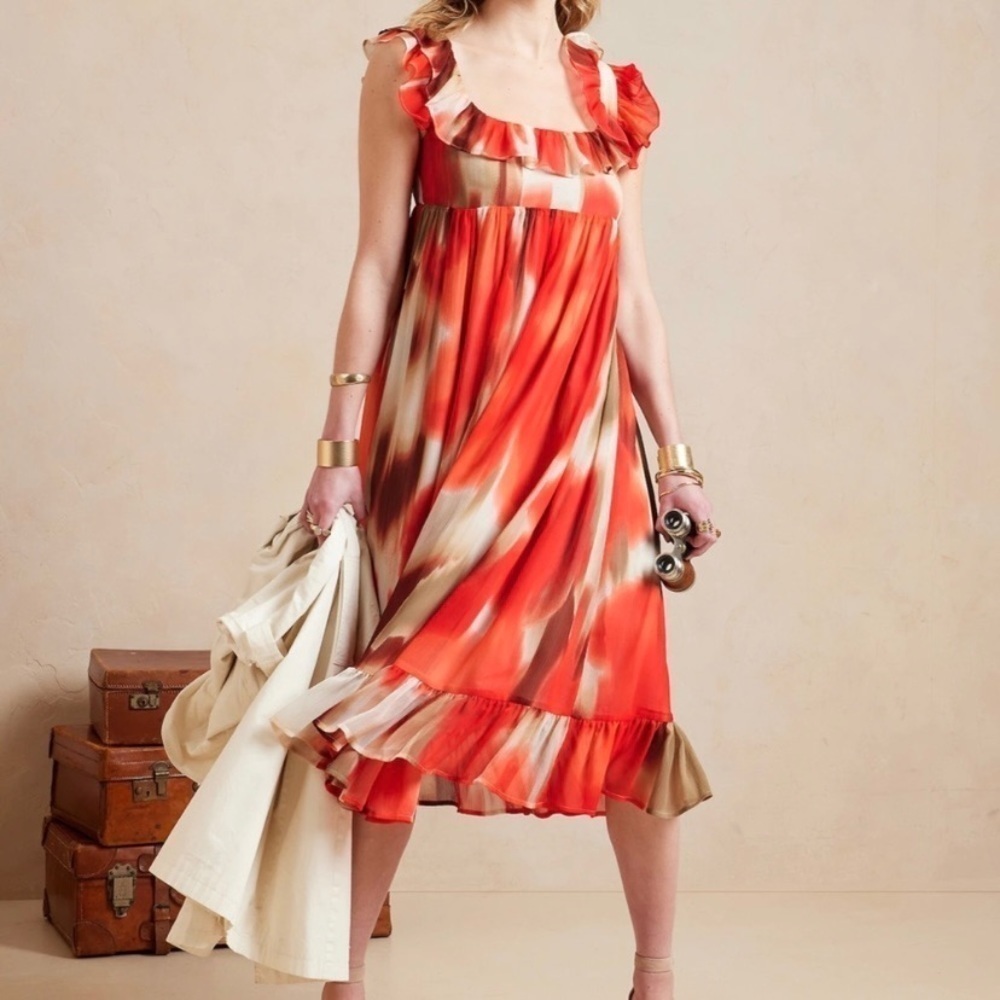 Banana Republic NWT Empire Waist Maxi Dress Size Medium Crepe Orange Brown Cream